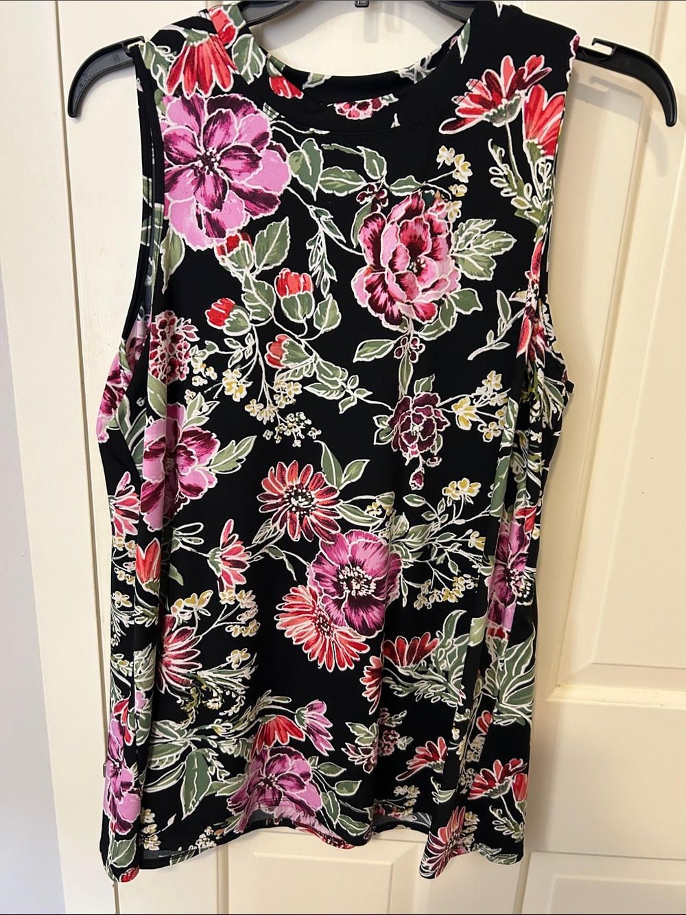 AB Studio Black Floral Sleeveless Tank with Pink & Green Blooms